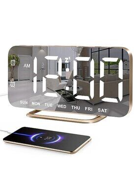 Gold LED Digital Alarm Clock Mirror USB Charger Dual Alarm Large Display